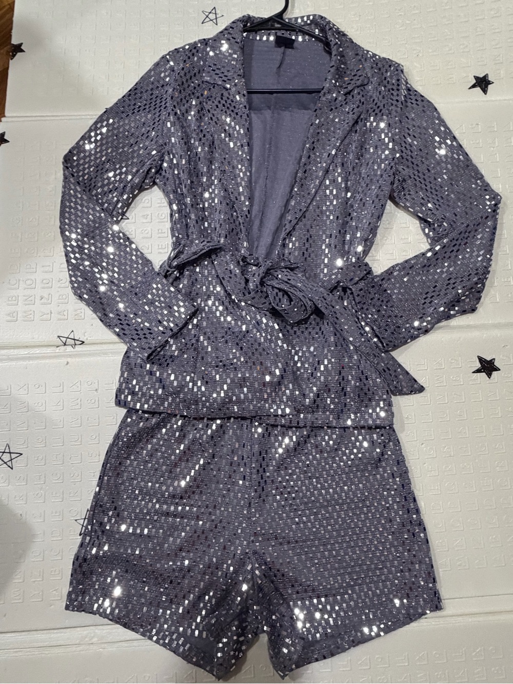 Sequin Lounge Set - Women's Grey Short Set with Jacket